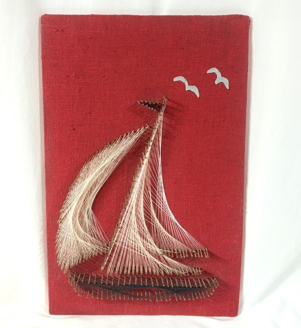 Vintage Nail String Art Sailboat Boat 18” x 12” Retro